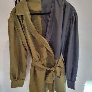 Two Tone Surplice Neck Belted Blouse